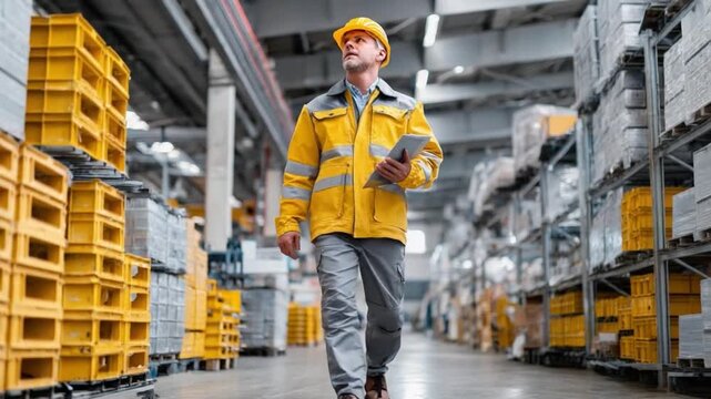 Warehouse Overseer: An experienced supervisor, clad in a hard hat and high-visibility jacket, meticulously inspects the expansive warehouse. Focused on efficiency and logistics.