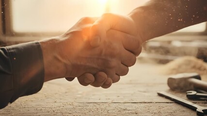 Craftsmen Engage in a Handshake Over Wooden Work Surface