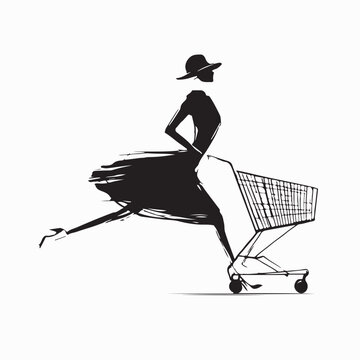Woman Running With Shopping Cart Vector Art on white background