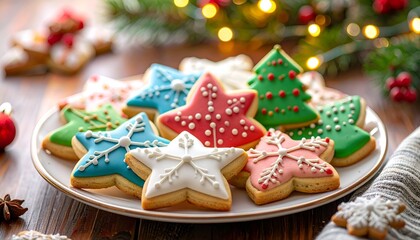 Festive plate of iced star-shaped and tree-shaped cookies, Christmas decor in background