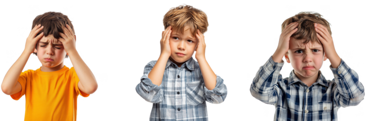 Stressed Kids Holding Their Heads With Worried Expressions isolated on transparent background png