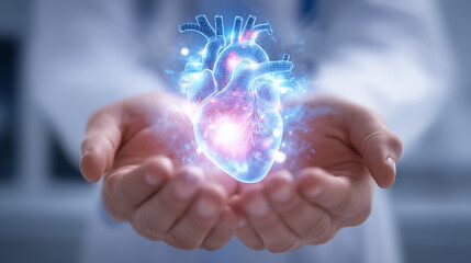 手のひらに浮かぶ心臓ホログラムが象徴する未来の医療テクノロジー