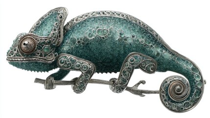 Obraz premium Detailed Teal Chameleon Brooch with Intricate Design on White Background