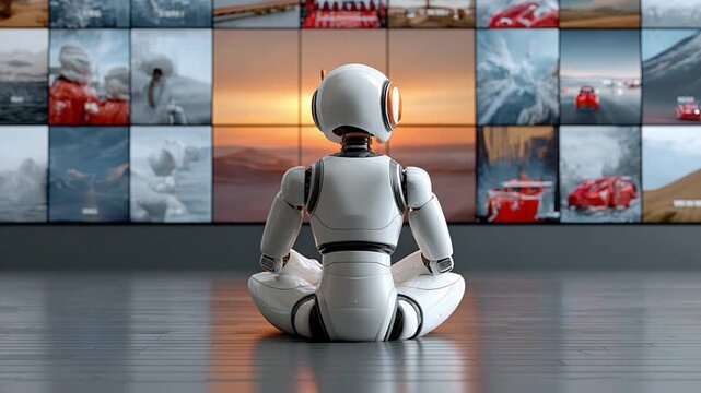 Digital Contemplation: A futuristic robot sits in serene contemplation, meditating before a matrix of digital displays, suggesting advanced technology and the evolution of intelligence.