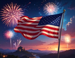American flag waving with fireworks bursting in a twilight sky