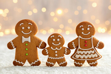 Fototapeta premium Adorable gingerbread family standing together on snowy surface