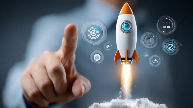 Launching a New Venture: A business person, their finger poised to interact with a futuristic digital interface, symbolizes the launch of a new product or enterprise