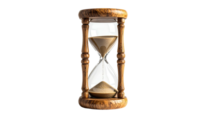 Wooden hourglass showing sand slowly emptying, black background