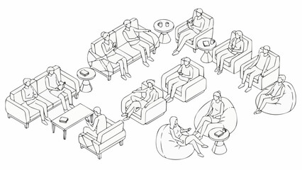 Obraz premium Isometric Group of People Sitting and Relaxing in Various Furniture.