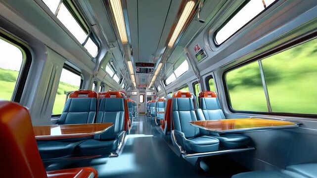  Interior Train Compartment: An inside view of a modern train compartment, featuring neat rows of comfortable seating, framed by expansive windows offering scenic views of a blurred landscape outside.