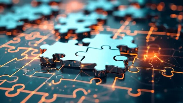 Glowing puzzle piece connecting digital technology network