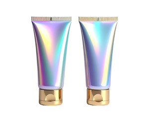 Two iridescent tubes of lotion with gold caps on black background