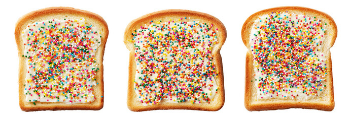 Set of Australia  fairy bread with white frosting and multicolored sprinkles, isolated on white transparent background