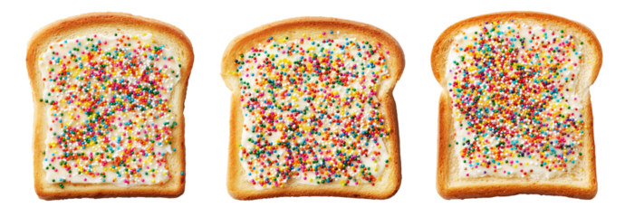 Set of Australia  fairy bread with white frosting and multicolored sprinkles, isolated on white transparent background