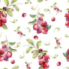 Fresh summer watercolor seamless pattern on white. Lingonberry and cranberry plants illustration hand painted. Botanical repeat with red berry and green foliage for textile, fabric, fabric print.