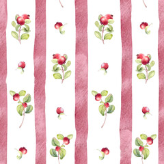 Lingonberry and cranberry on striped seamless pattern watercolor hand drawn. Natural floral ornament with red berries on white. Summer repeat texture for fabric, textile, wallpaper.
