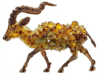 Naklejka premium Intricate Amber Sculpture of an Antelope with Detailed Horns and Textured Body on White Background