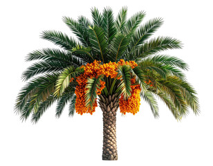 A digitally rendered palm tree laden with orange date clusters
