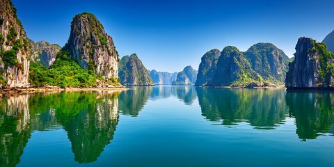 Imerald waters with boats. Travel destination, natural wonder landscape background wallpaper