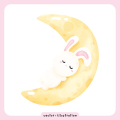 Cute Watercolor Rabbit Sleeping on Crescent Moon for Mid-Autumn Festival