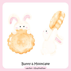 Cute Watercolor Rabbit with Mooncake and Full Moon for Mid-Autumn Festival
