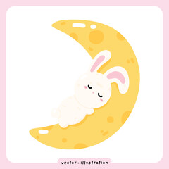Kawaii Bunny Sleeping on Crescent Moon Vector, Cute Mid-Autumn Festival Illustration