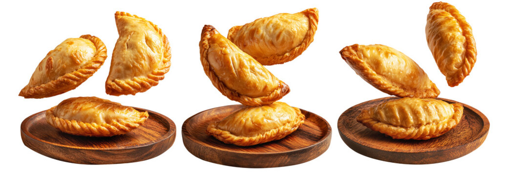 Set of Fijian curry puffs or fried empanadas with spicy potato isolated on white background, Fiji takeaway and street foods