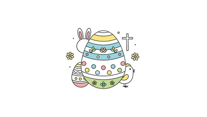 Happy Easter greeting card design with colorful decorated eggs, bunny ears, and a small chick