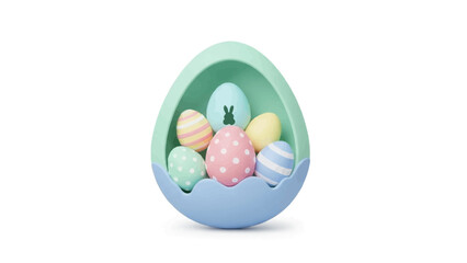 Charming pastel Easter eggs nestled within a decorative, two-toned eggshell holder, perfect for celebrating spring holidays with a touch of modern whimsy