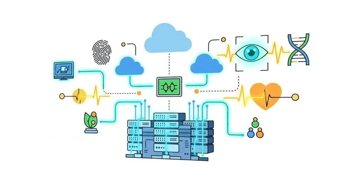 Digital illustration depicting data analysis in healthcare with cloud computing and biometrics