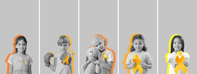 Set of children with yellow ribbons on grey background. Childhood cancer awareness concept