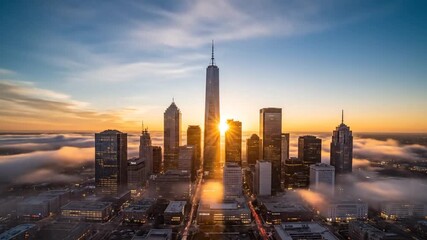 Captivating aerial drone footage of a bustling city skyline at sunrise with layers of clouds below