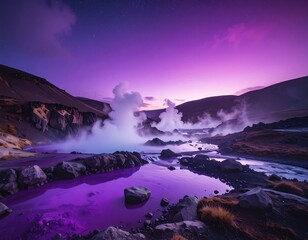 Naklejka premium Scenic geothermal landscape with vibrant purple water, steam, and mountains