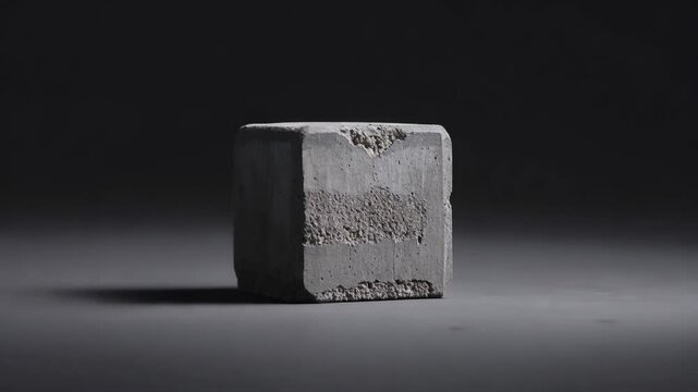Concrete cube rotating on a dark background