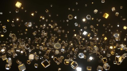 A mesmerizing shower of golden and silver abstract geometric particles creating a dynamic and luxurious background, perfect for digital elegance and celebratory visual themes