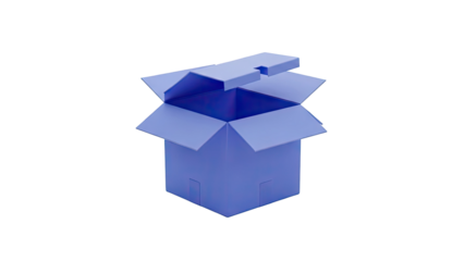 3D Open blue cardboard box with lid partially closed on transparent background