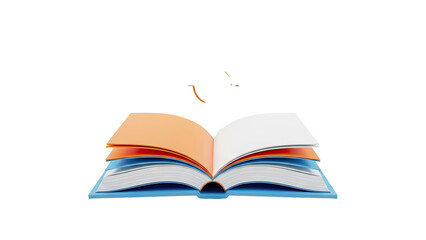 3D Open book with colorful pages and flying paper pieces on transparent background