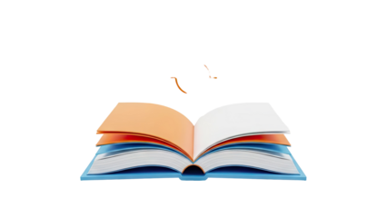 3D Open book with colorful pages and flying paper pieces on transparent background