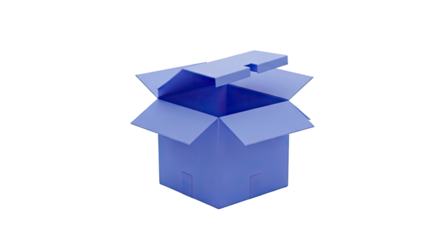 3D Open blue cardboard box with lid partially closed on transparent background - Powered by Adobe