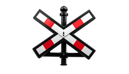 A detailed image of a railroad crossing sign against a black background