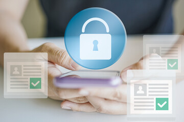 Digital lock icon over smartphone representing cybersecurity, data protection, online privacy, secure access, and identity verification for modern technology, mobile security, and digital business.