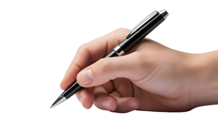 A hand holding a black pen with a  transparent background for writing or drawing purposes