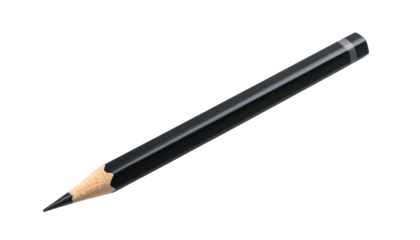 A single, black, graphite pencil, sharpened and angled against a dark, featureless background