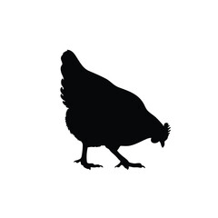 A black silhouette of a cartoon chicken in a cute, playful stance against a clean white background.