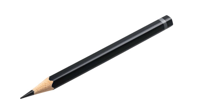 A single, black, graphite pencil, sharpened and angled against a dark, featureless background