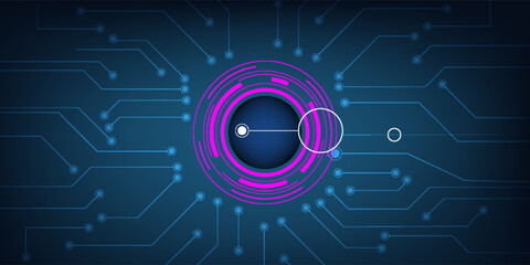 Vector illustration. Futuristic abstract eye on a circuit board, advanced computer technology.
