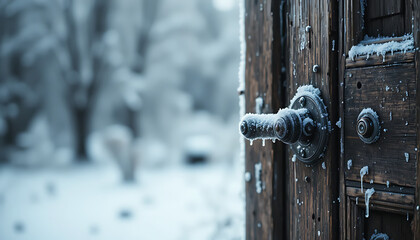 Icy wooden door handle and frame in a frosty winter setting graphic design