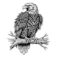 Tribal Bald Eagle Illustration - Ornate Geometric Bird of Prey Vector.