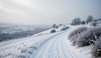 Obraz premium Winding snow-covered road on a hill with a distant winter landscape graphic design