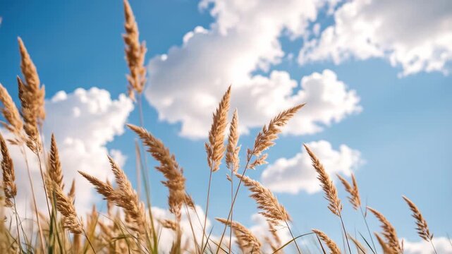 Close-up of golden wheat swaying gently in the wind against a bright blue sky filled with fluffy white clouds.
